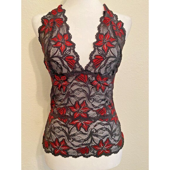 Frederick's of Hollywood Tops - Fredericks of Hollywood Lace Halter Top Y2K Black & Red Floral Size M